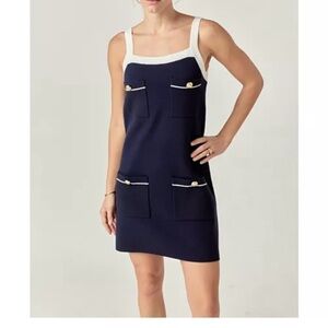 English Factory Navy and White Knit Sleeveless Dress with Pockets